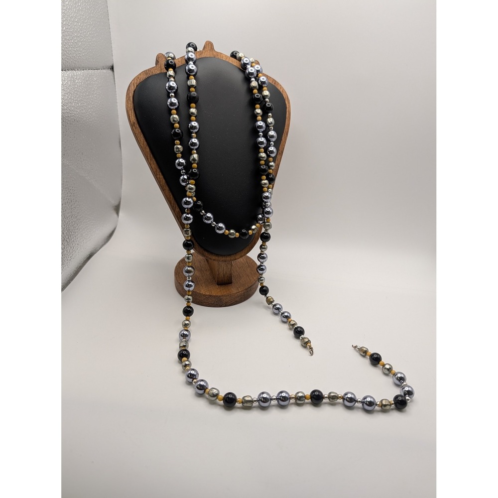 Vintage Gunmetal Black Silver Beaded Opera Necklace 62 Inch Long